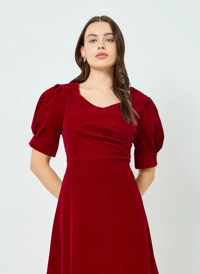 Take Two Women Red Puff Sleeve A-Line Midi Dress